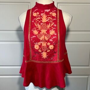 Anthropologie Free People Red Embroidered‎ Mock Neck Peplum Tank Top Boho XS